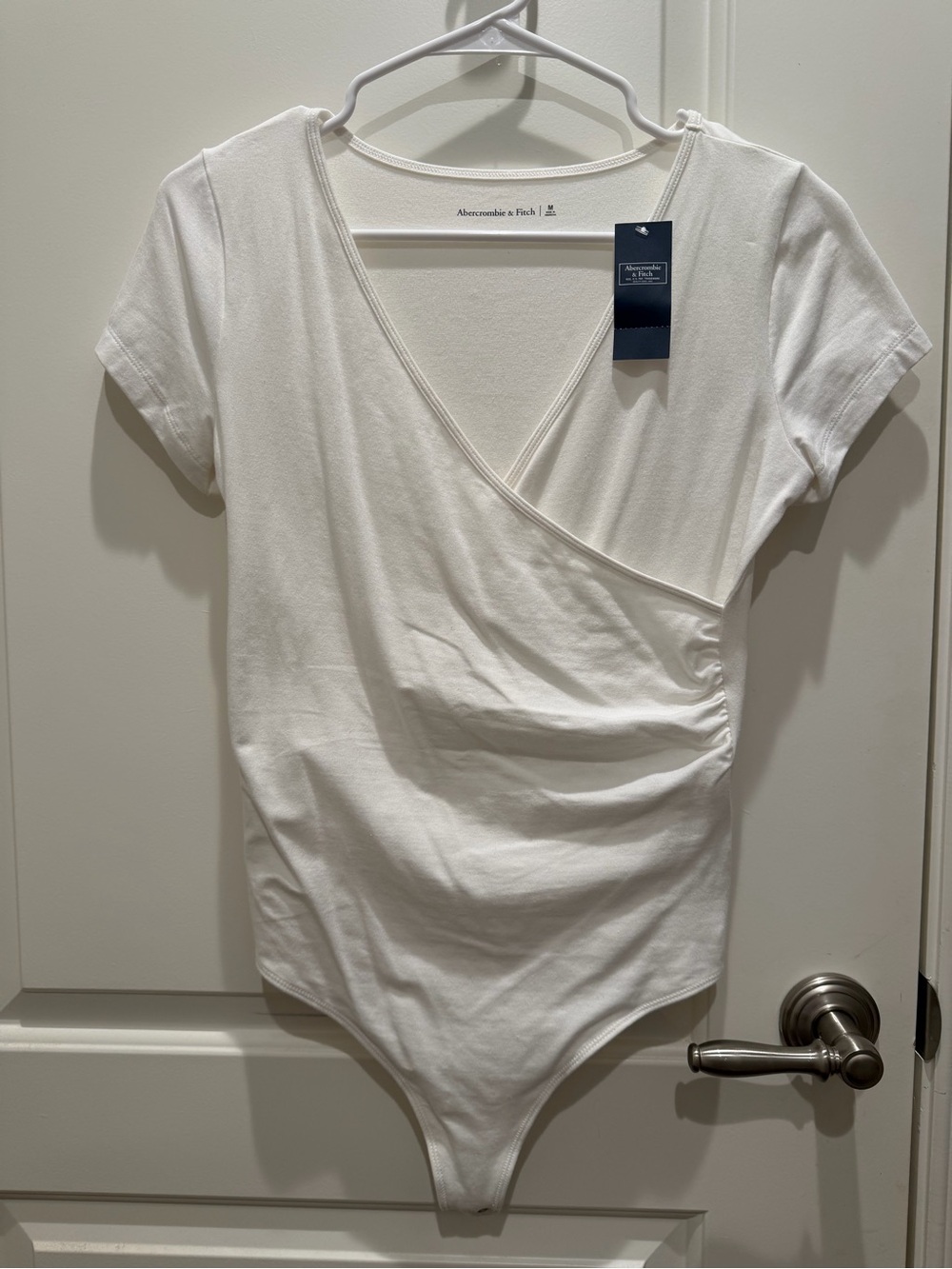 Abercrombie & Fitch White Wrap V-Neck Short Sleeve Bodysuit
